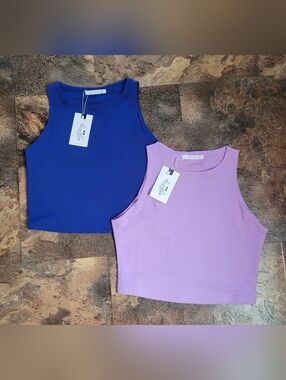 ReoRia Sleeveless Crop Workout Tank Top Bundle — Royal Blue & Lilac Size Medium